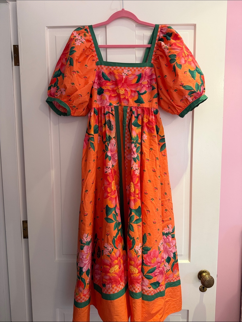 FARM Rio Orange Floral Midi Dress with Pink and Green Accents